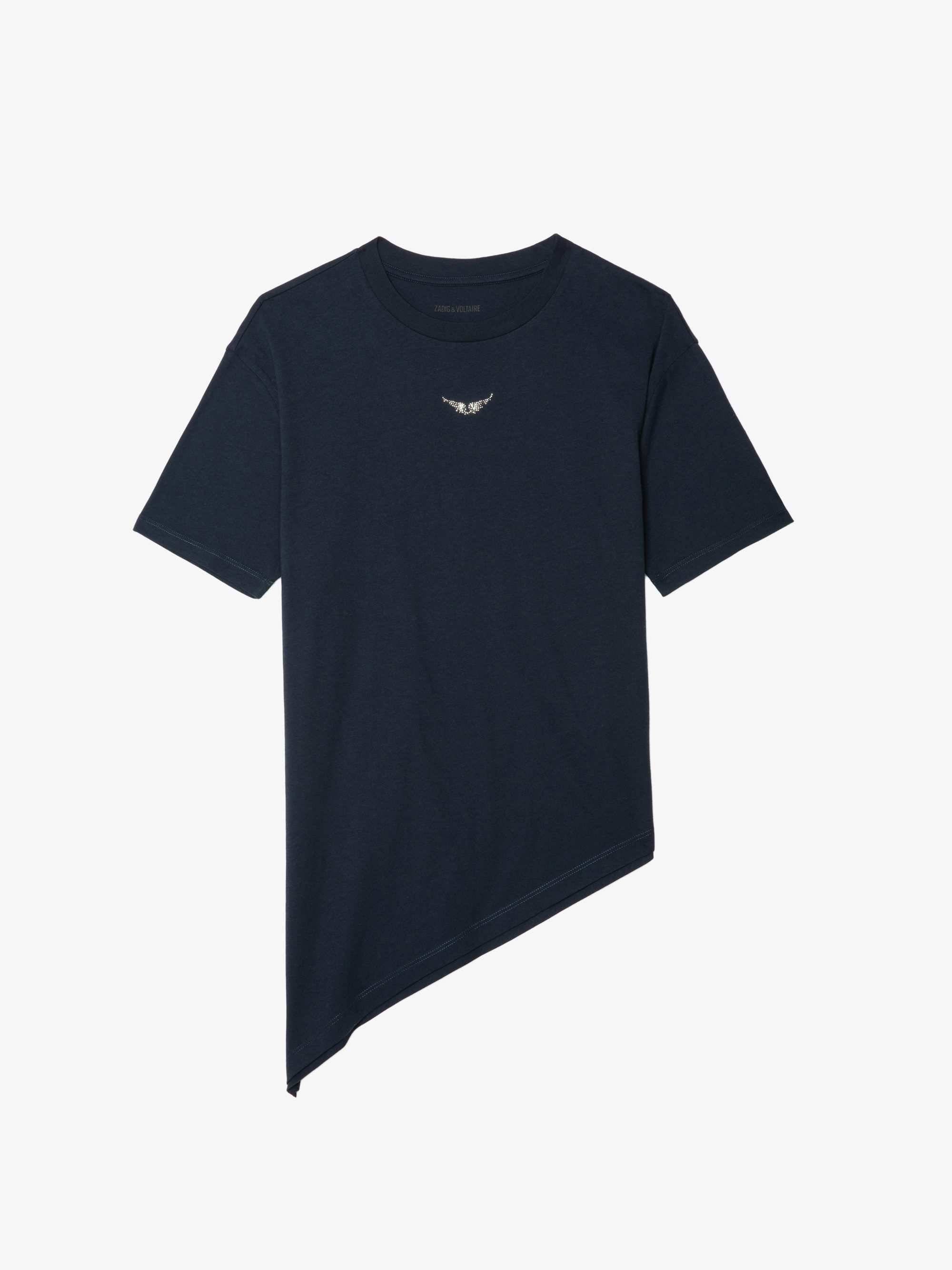 Edda Asymmetric T Shirt - Asymmetric short-sleeved T-shirt with rhinestones on the front.